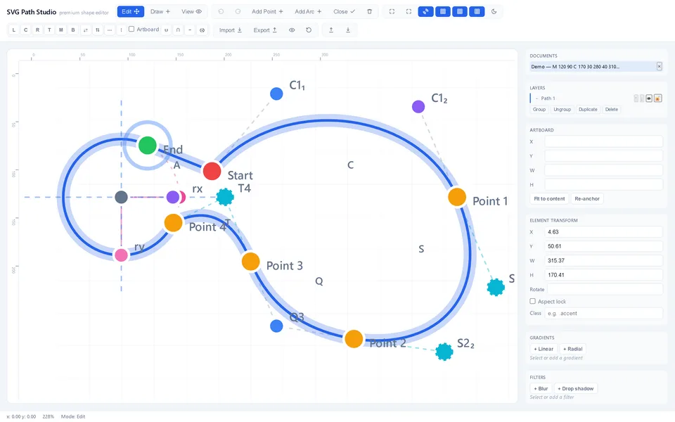 Real editor screenshot with arc handles, radii and control points.