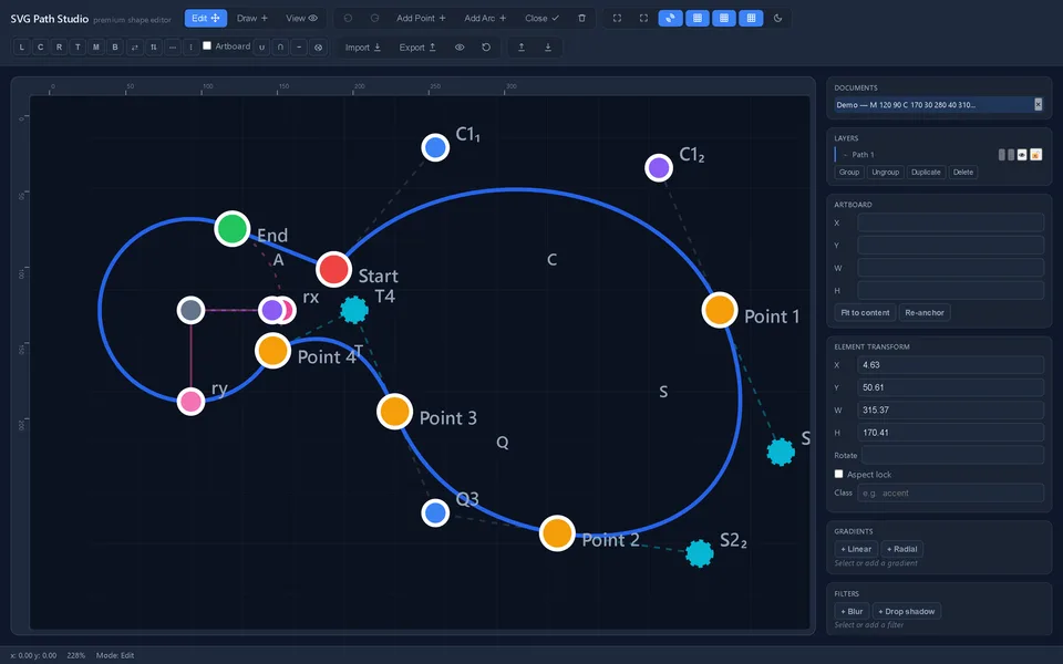 SVG Path Studio showing its editable curve, anchors and geometry controls.